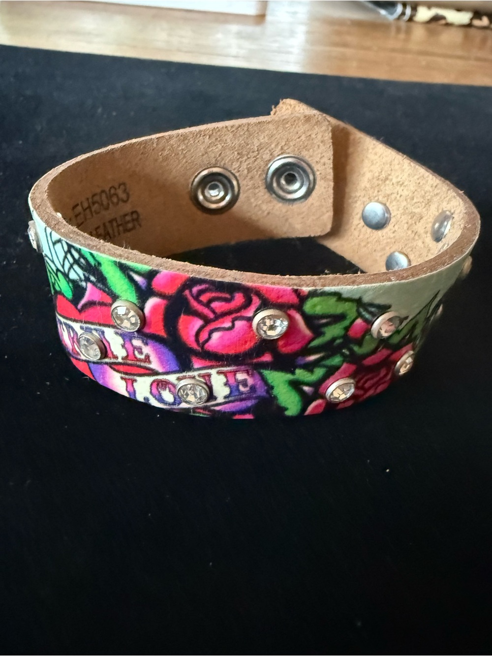 Ed Hardy Pink, Green & Black Rose Studded Leather Bracelet